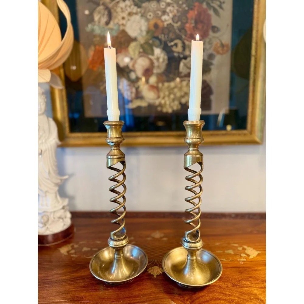Vintage Solid Brass Barley Twist Candlesticks Pair • 13.75